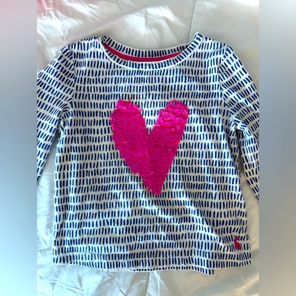 Joules Long Sleeve Sequin Heart Crewneck Girls Shirt 3-4 T